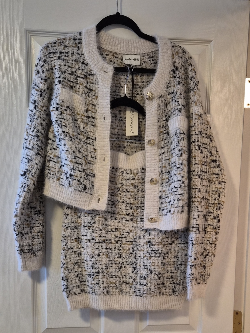 Freshmab 1996 Cream, Brown & Black Tweed Knit Cardigan & Skirt Set Sz Med